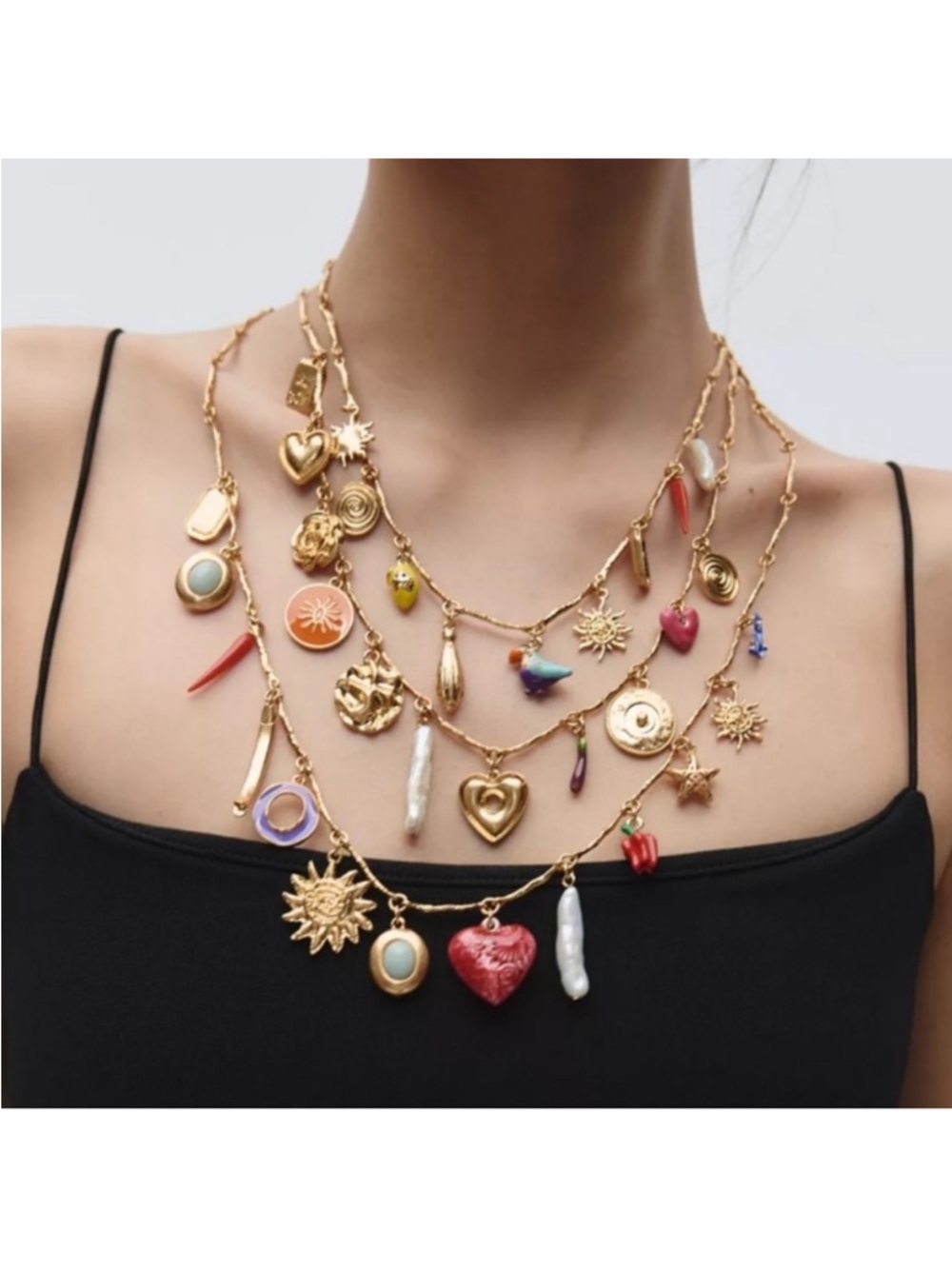 Zara Gold Multi-Layer Charm Necklace with Red and Coral Accents
